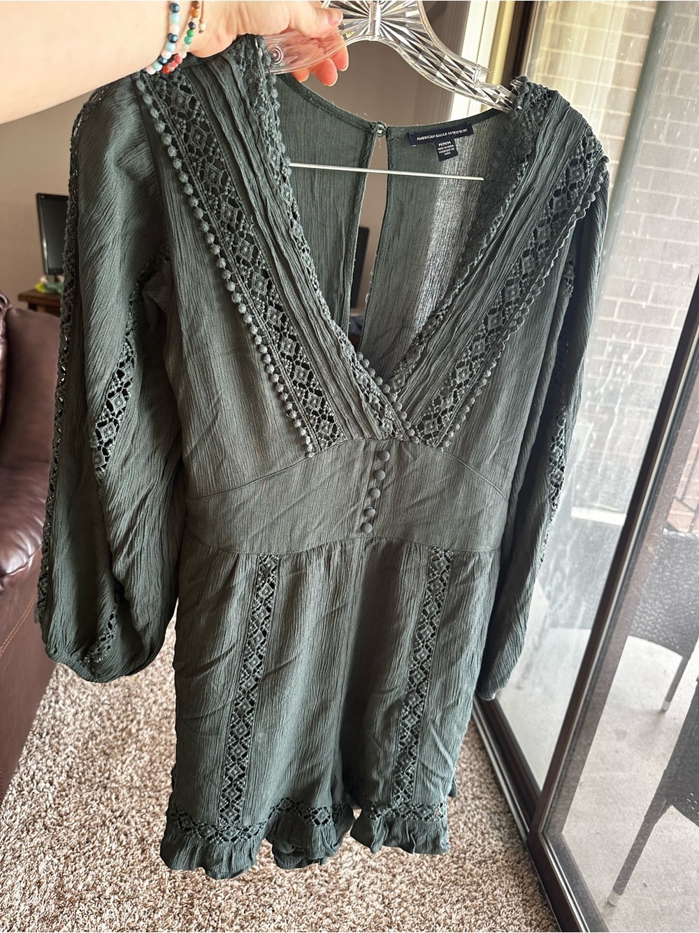 American Eagle Outfitters Dark Green Crochet-Trim Long-Sleeve Romper